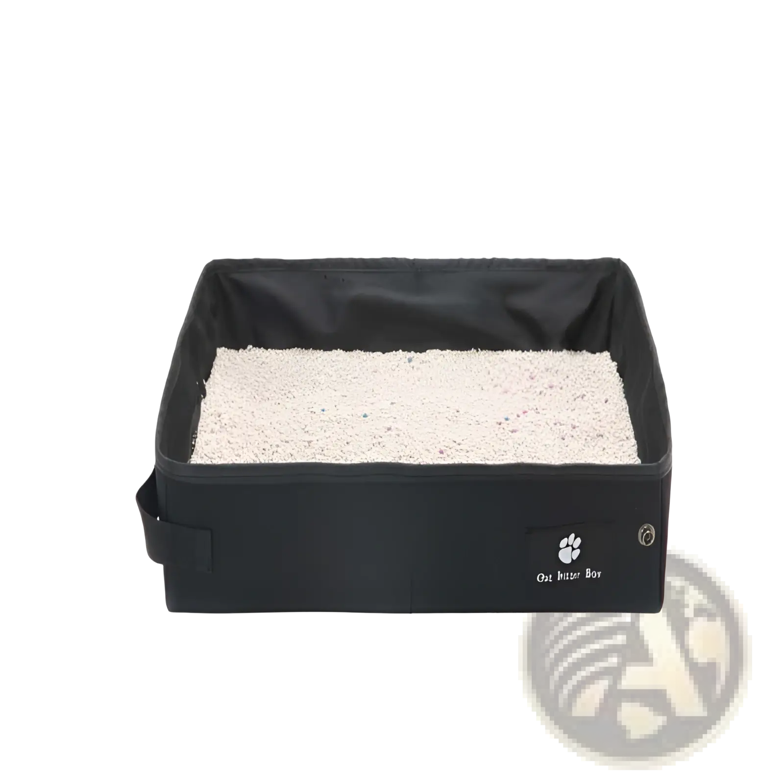 Black foldable portable cat litter box with white speckled litter and cat litter boy embroidered on the side