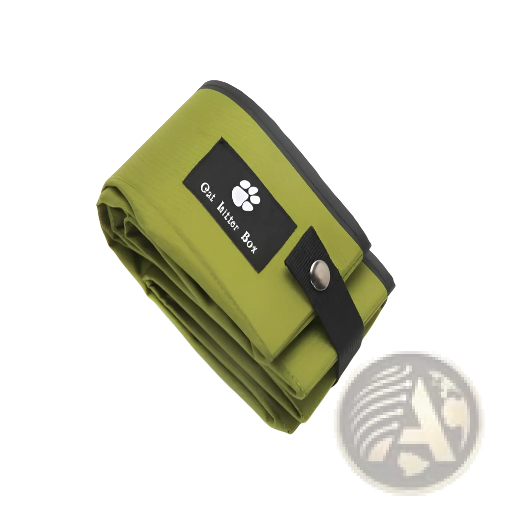 Portable folding cat litter box carrier in olive green fabric with black trim and silver snap closure