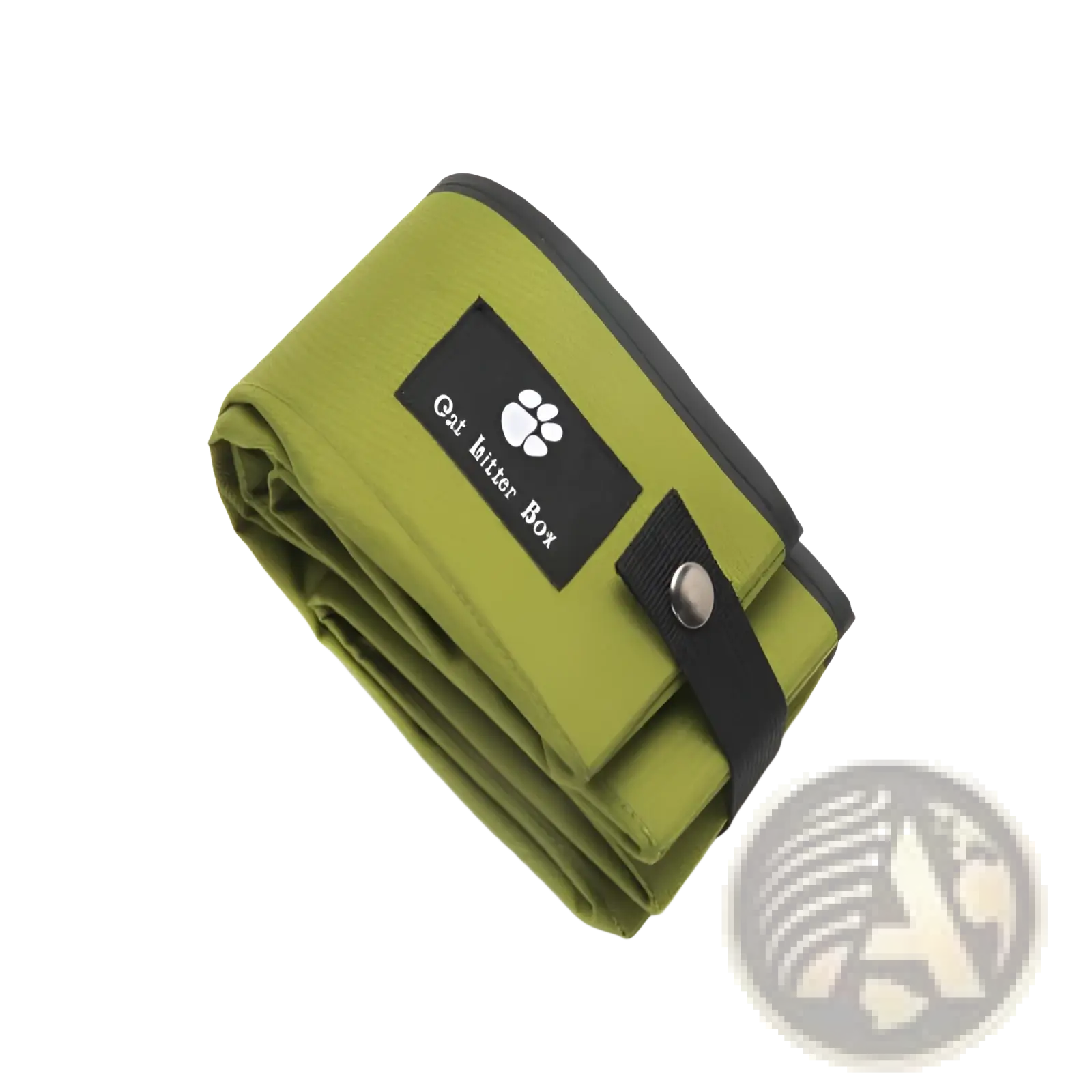 Portable folding cat litter box carrier in olive green fabric with black trim and silver snap closure