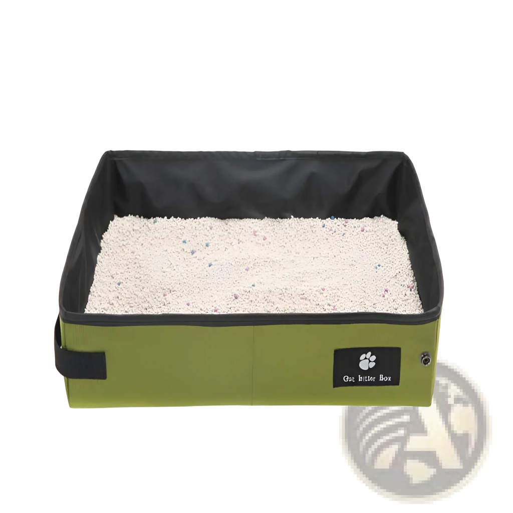 Portable folding cat litter box in olive green with black interior lining and paw print label for easy use