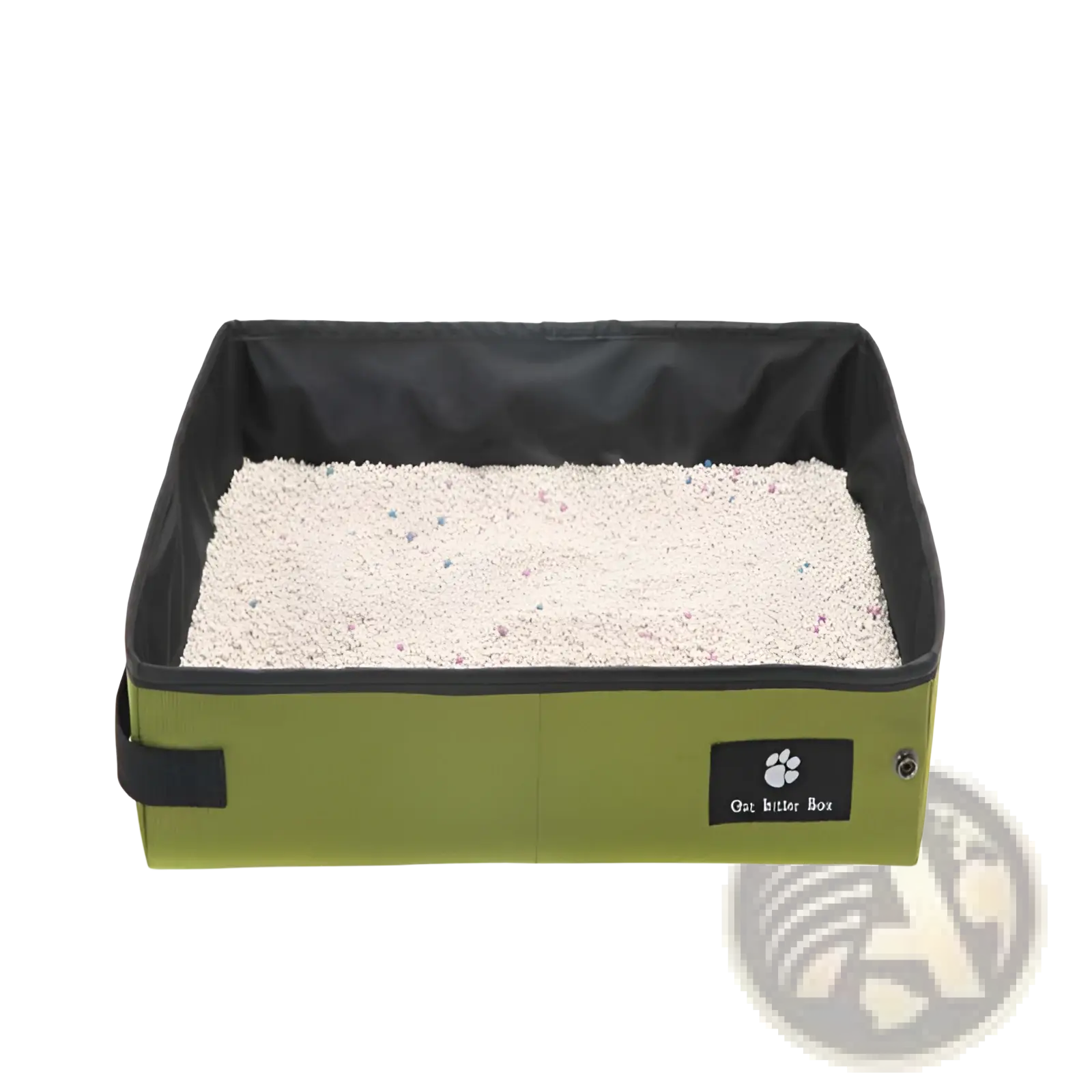 Portable folding cat litter box in olive green with black interior lining and paw print label for easy use