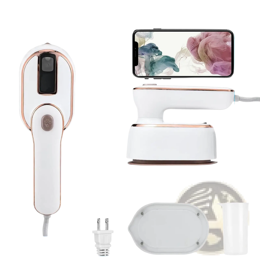 Portable handheld steamer 1000w travel garment iron in white and rose gold with sleek modern design
