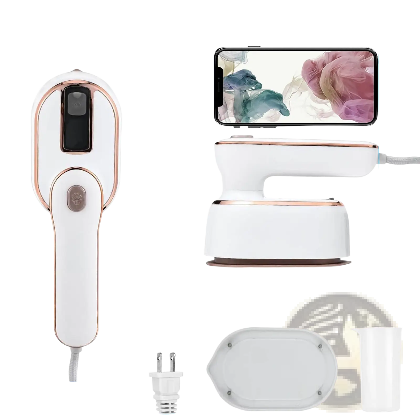 Portable handheld steamer 1000w travel garment iron in white and rose gold with sleek modern design