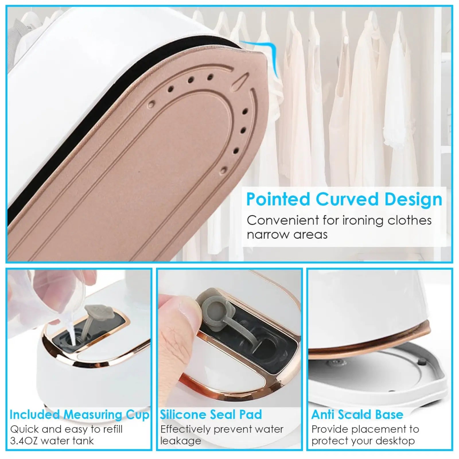Portable handheld steamer 1000w travel garment iron in white and rose gold with pointed curved design for narrow areas
