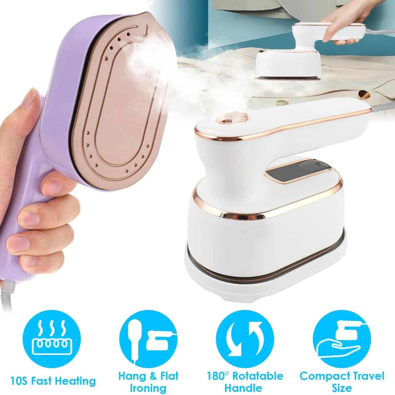 Portable handheld steamer 1000w travel garment iron in purple and rose gold with sleek ergonomic design