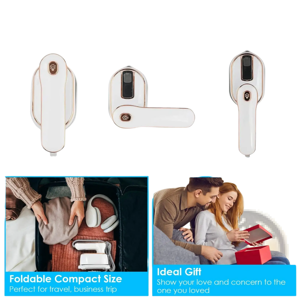 Portable handheld white and gold garment steamer with 1000w power and 180 degree rotatable handle for travel use