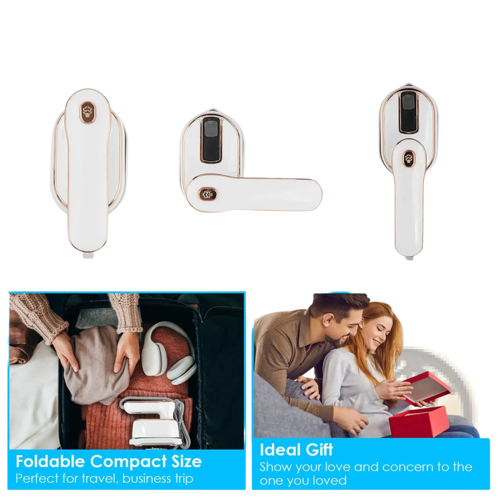 Portable handheld white and gold garment steamer with 1000w power and 180 degree rotatable handle for travel use