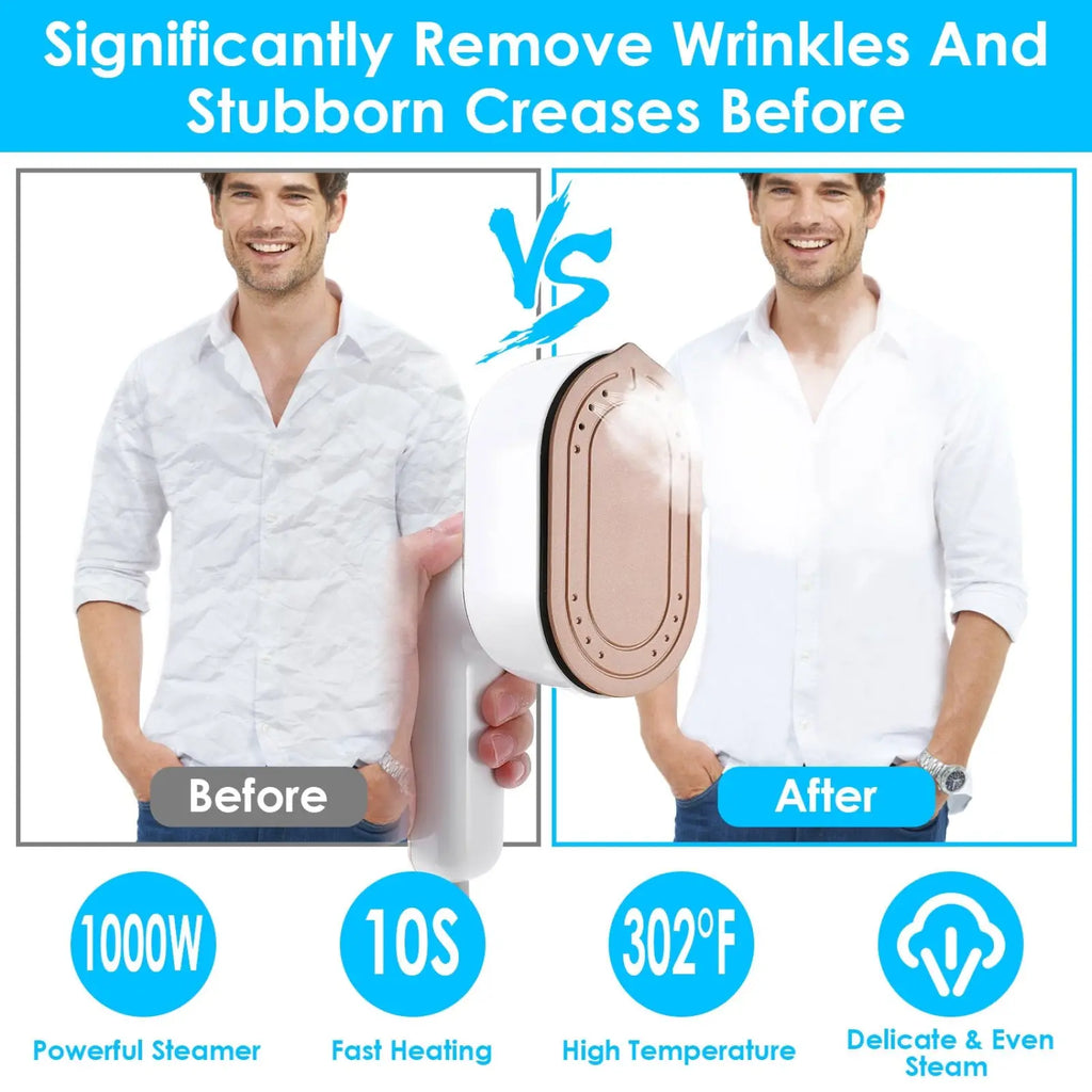 Portable handheld steamer 1000w travel garment iron in white and rose gold with a sleek modern design