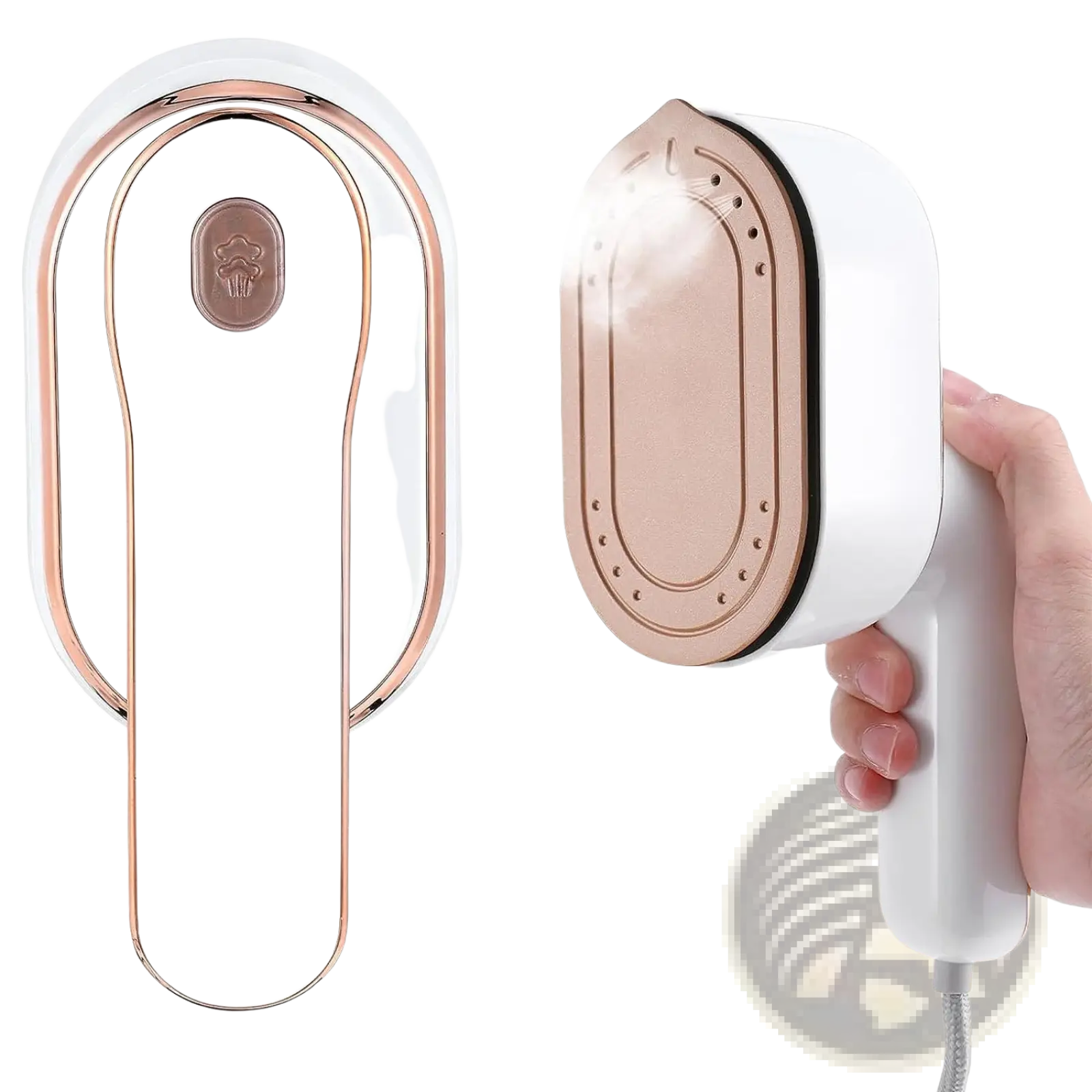 Portable handheld steamer 1000w travel garment iron in white and rose gold with a sleek modern design
