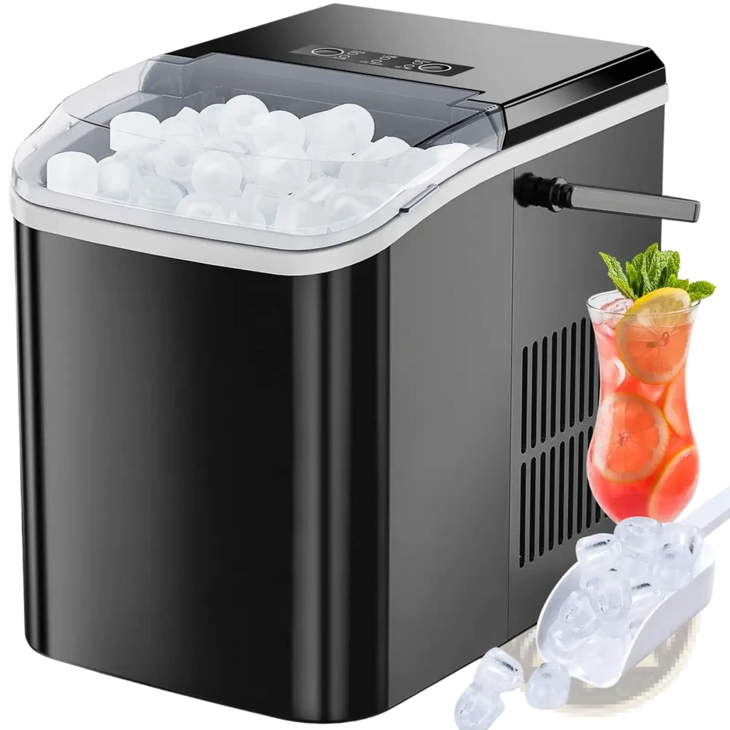 Black and silver portable ice maker with clear lid filled with round white ice cubes 26lbs self cleaning bullet machine