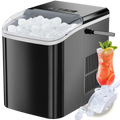 Black and silver portable ice maker with clear lid filled with round white ice cubes 26lbs self cleaning bullet machine