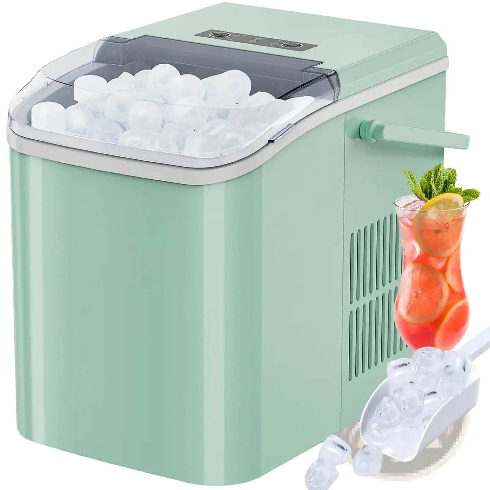 Portable mint green countertop ice maker with clear plastic lid and scoop filled with round white ice cubes