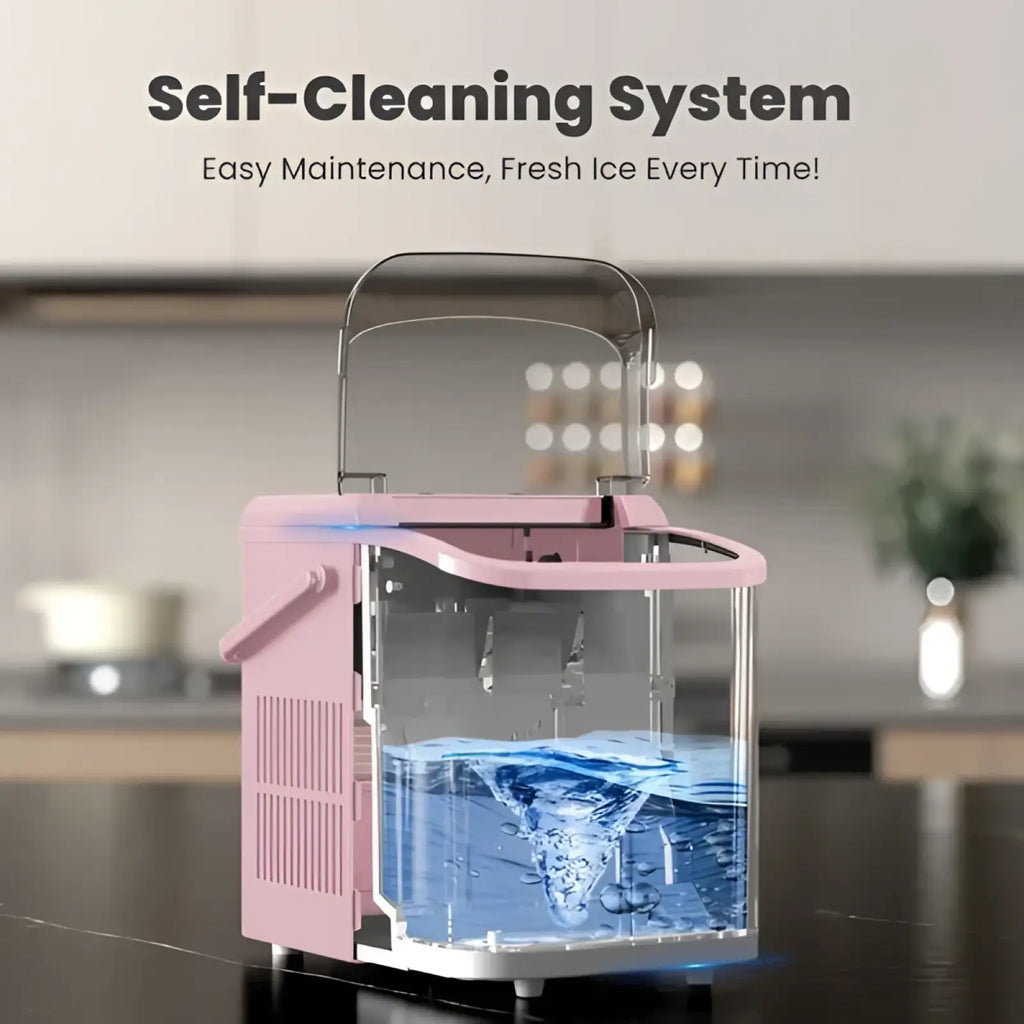 Portable ice maker 26lbs with pink transparent body and sleek handle featuring self-cleaning system for easy maintenance