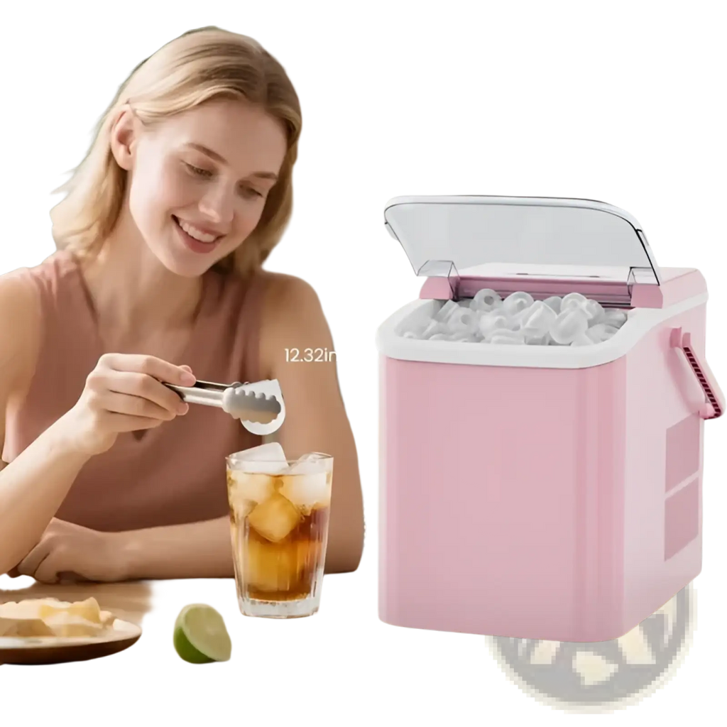 Portable pink compact ice maker with transparent lid white interior and side handle for self cleaning bullet ice production