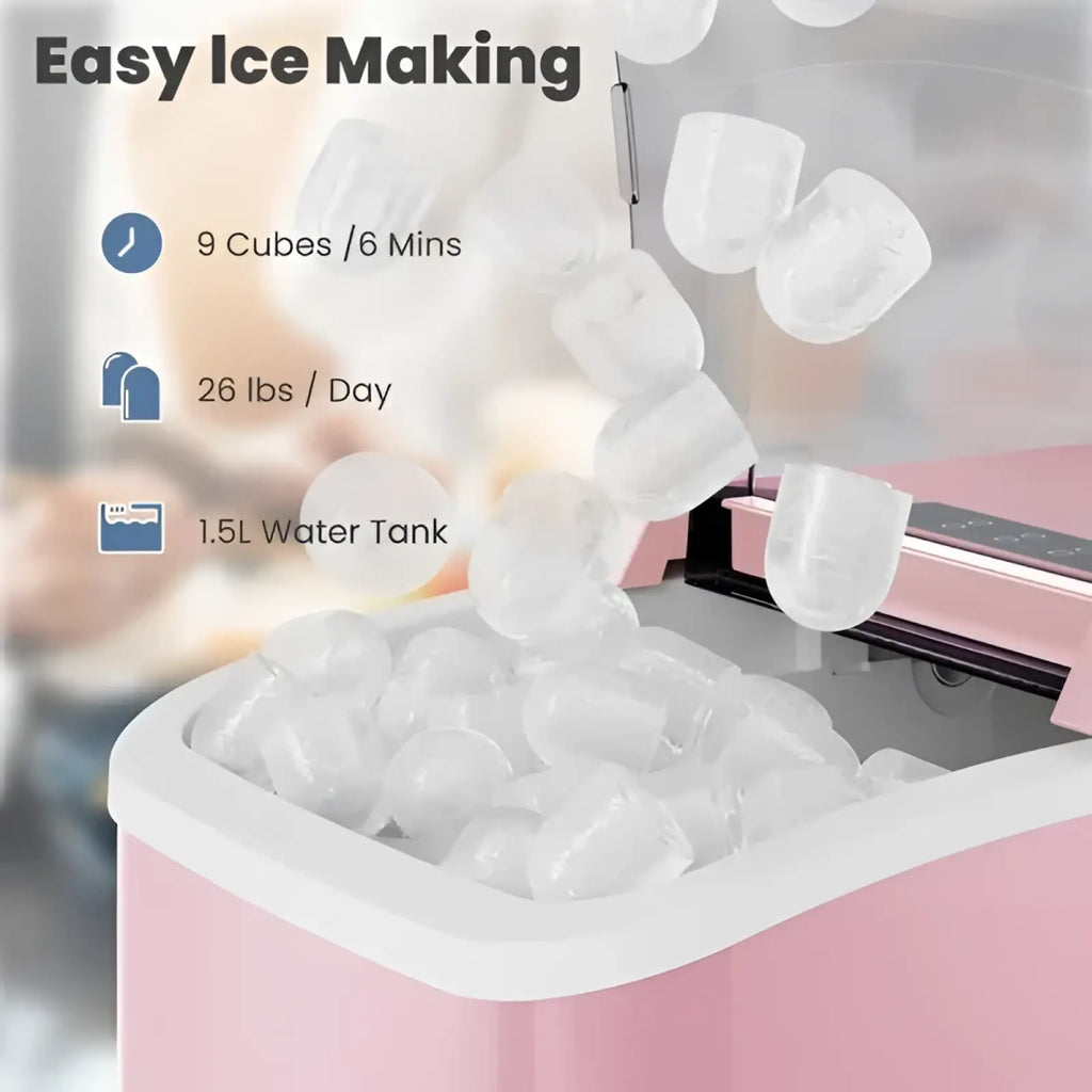 Portable pink countertop ice maker with white basin filled with clear cube ice self cleaning 26lbs capacity
