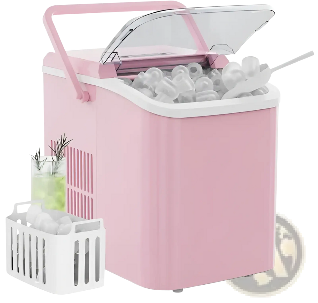 Portable ice maker 26lbs self cleaning bullet machine in pink with clear lid white accents and carrying handle
