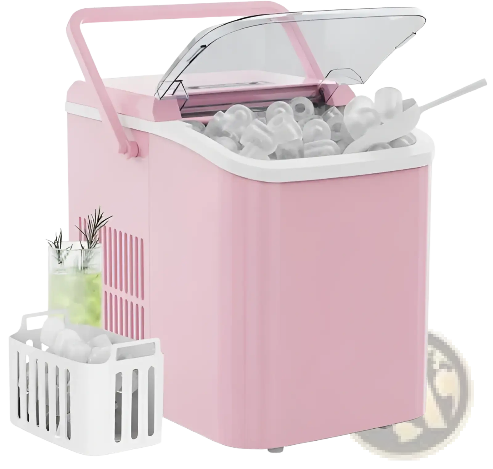 Portable ice maker 26lbs self cleaning bullet machine in pink with clear lid white accents and carrying handle