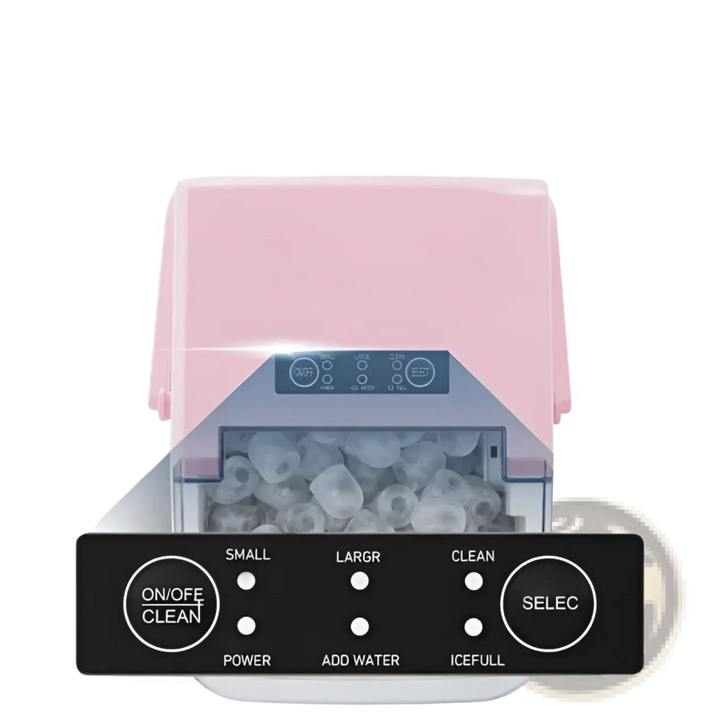 Portable pink multifunctional ice maker with transparent front panel and black control buttons for bullet ice production