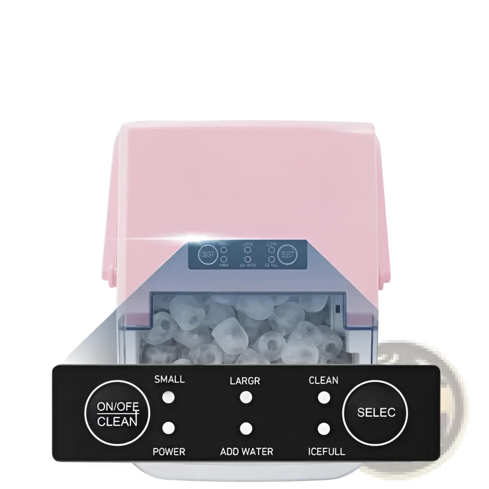 Portable pink multifunctional ice maker with transparent front panel and black control buttons for bullet ice production