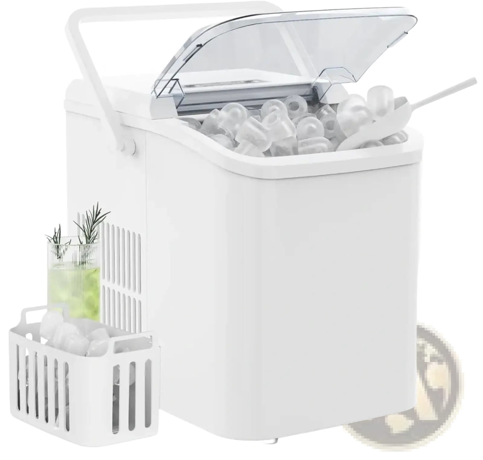Portable ice maker 26lbs self cleaning bullet machine with white plastic body, transparent lid, and ice scoop on countertop