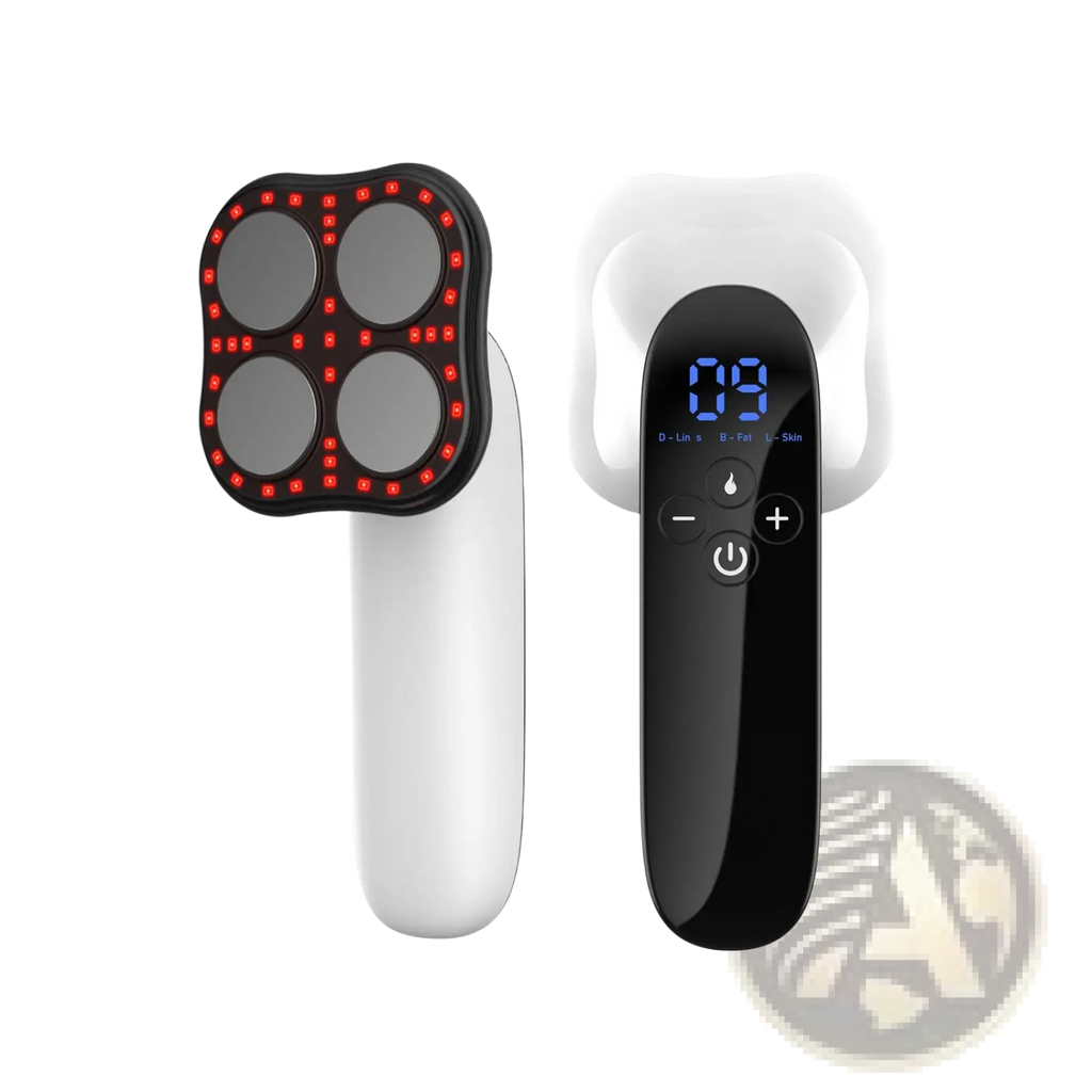 Portable infrared led slimming and facial beauty device in black and white with four red light panels and digital time control