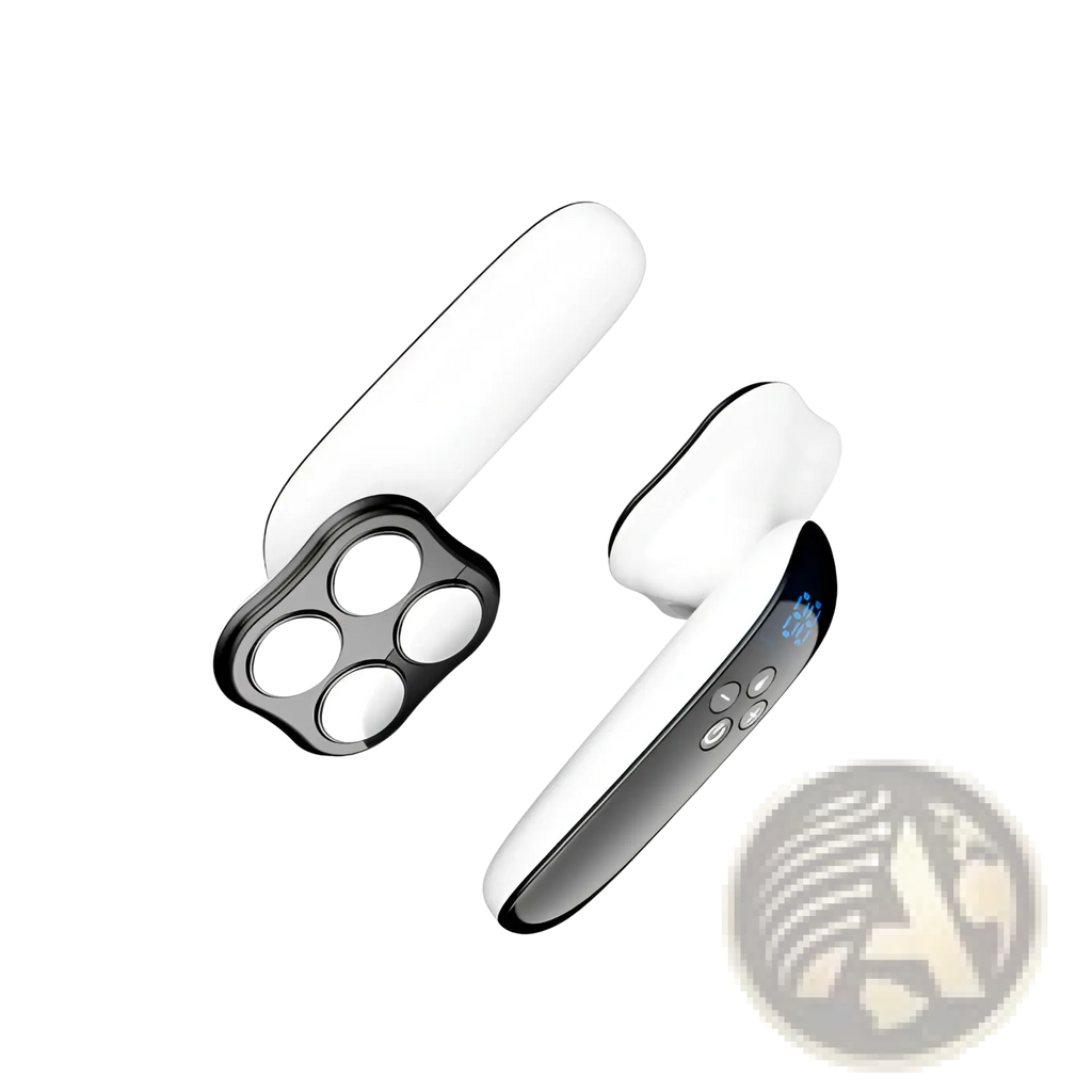 White and black wireless earbuds with ergonomic design touch controls and illuminated display for slimming and facial beauty use