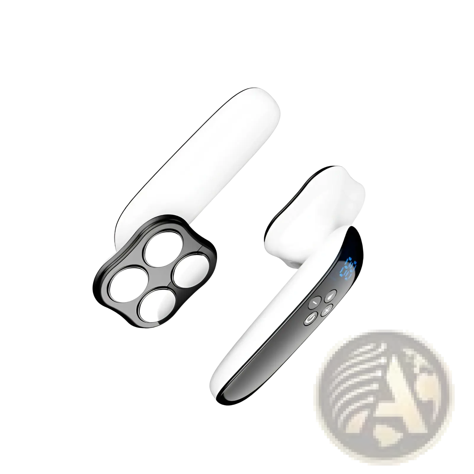White and black wireless earbuds with ergonomic design touch controls and illuminated display for slimming and facial beauty use