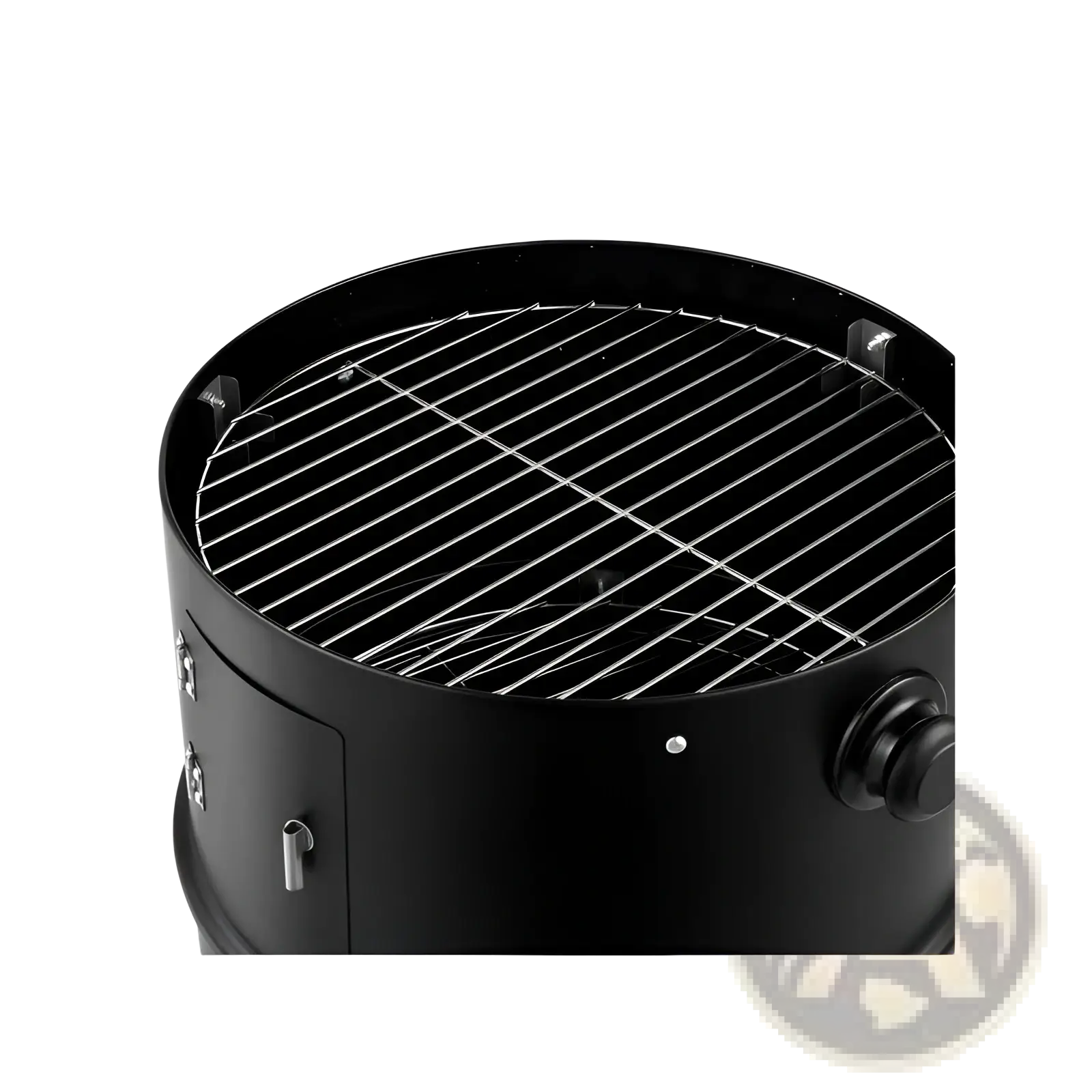 Black cylindrical portable iron charcoal smoker grill with stainless steel grilling grate and built-in thermometer