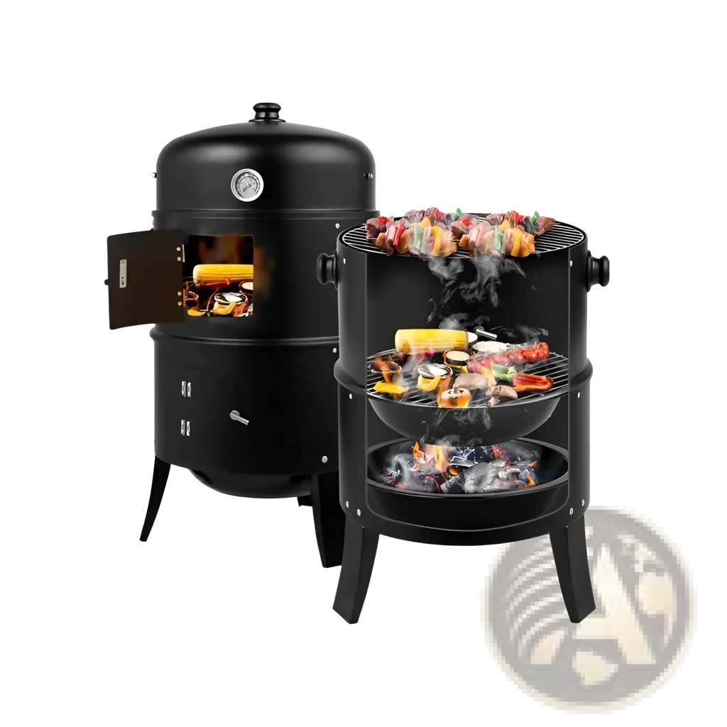 Black cylindrical portable iron charcoal smoker grill with multiple cooking levels and thermometer on lid