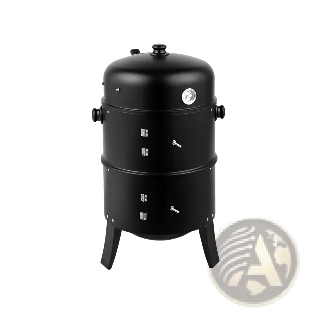 Black cylindrical two-tier portable iron charcoal smoker grill with pressure gauge side vents and thermometer