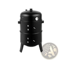 Black cylindrical two-tier portable iron charcoal smoker grill with pressure gauge side vents and thermometer