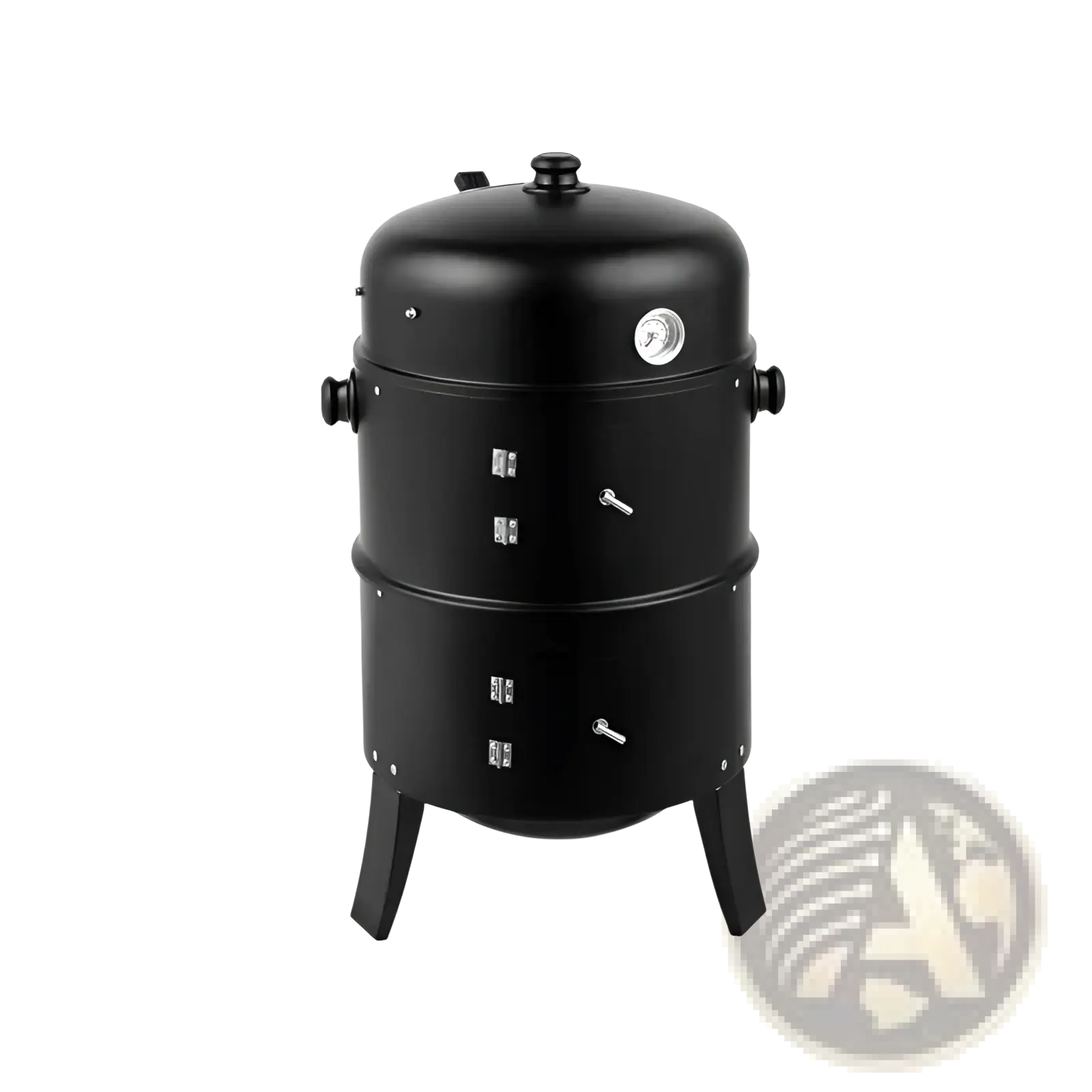Black cylindrical two-tier portable iron charcoal smoker grill with pressure gauge side vents and thermometer