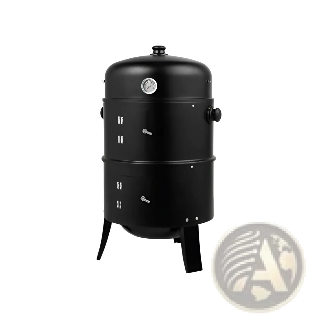 Black cylindrical two-tier portable iron charcoal smoker grill with pressure gauge and side vents for outdoor cooking
