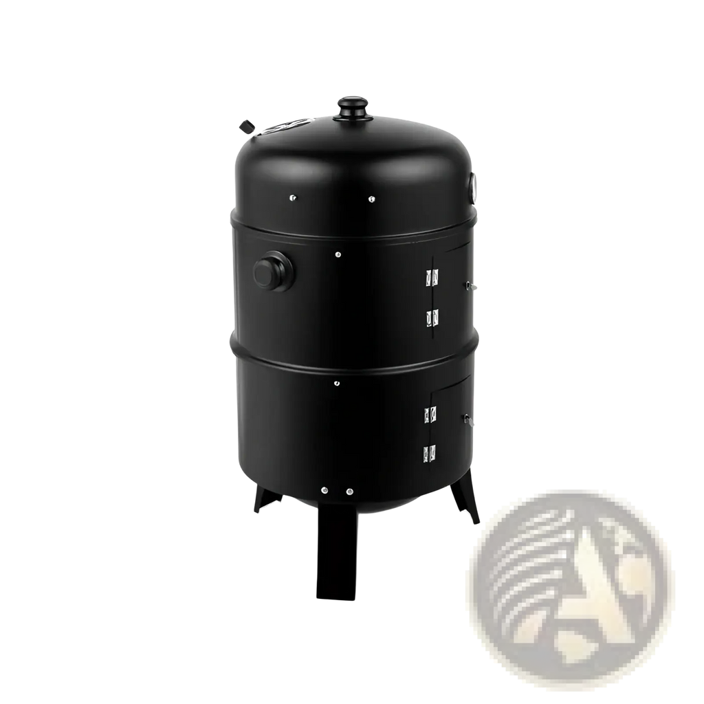 Black cylindrical two-tier portable iron charcoal smoker grill with domed lid thermometer and four short legs