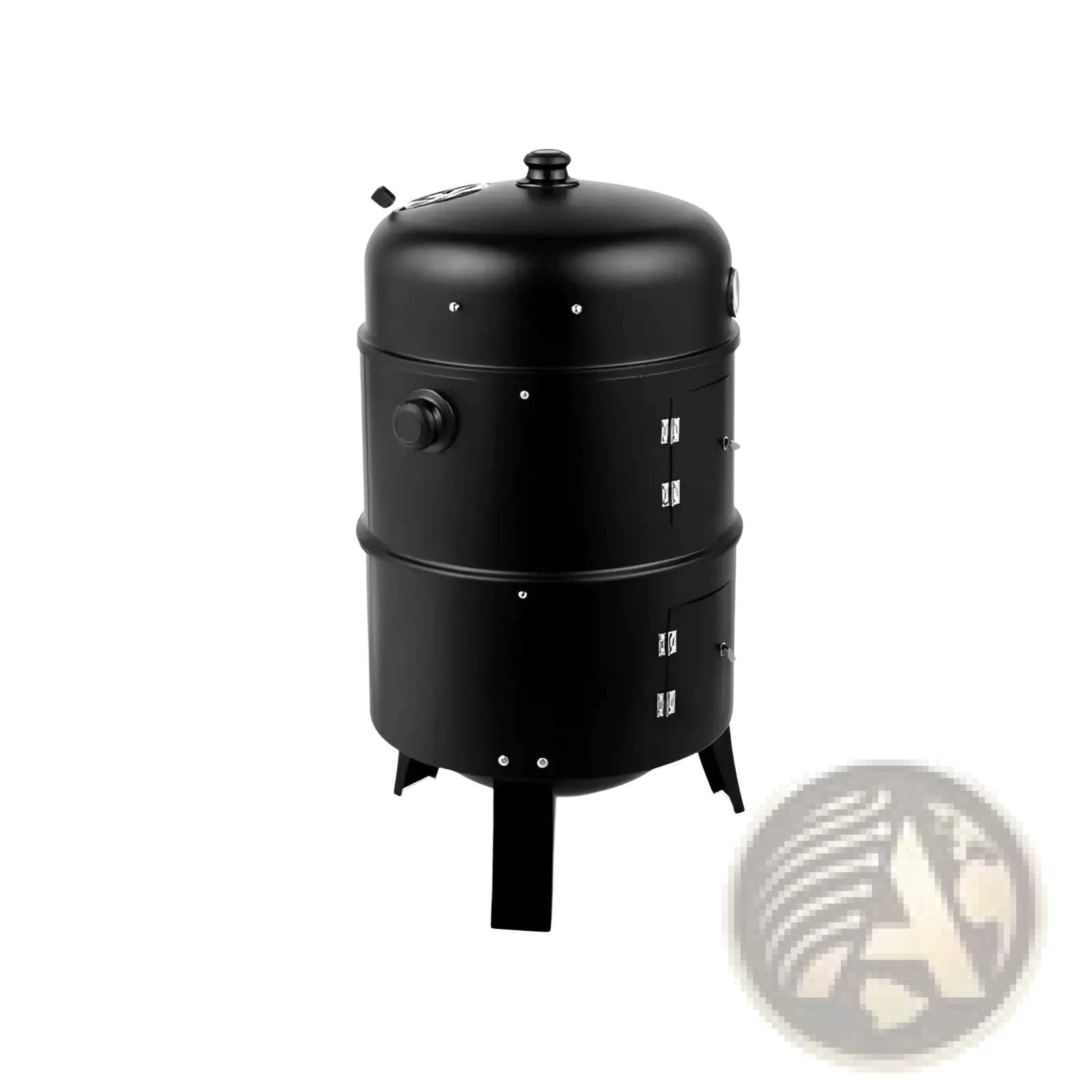 Black cylindrical two-tier portable iron charcoal smoker grill with domed lid thermometer and four short legs