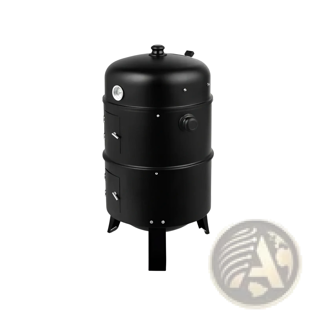 Black iron portable charcoal smoker grill with two stacked sections, thermometer, and control knobs on the side