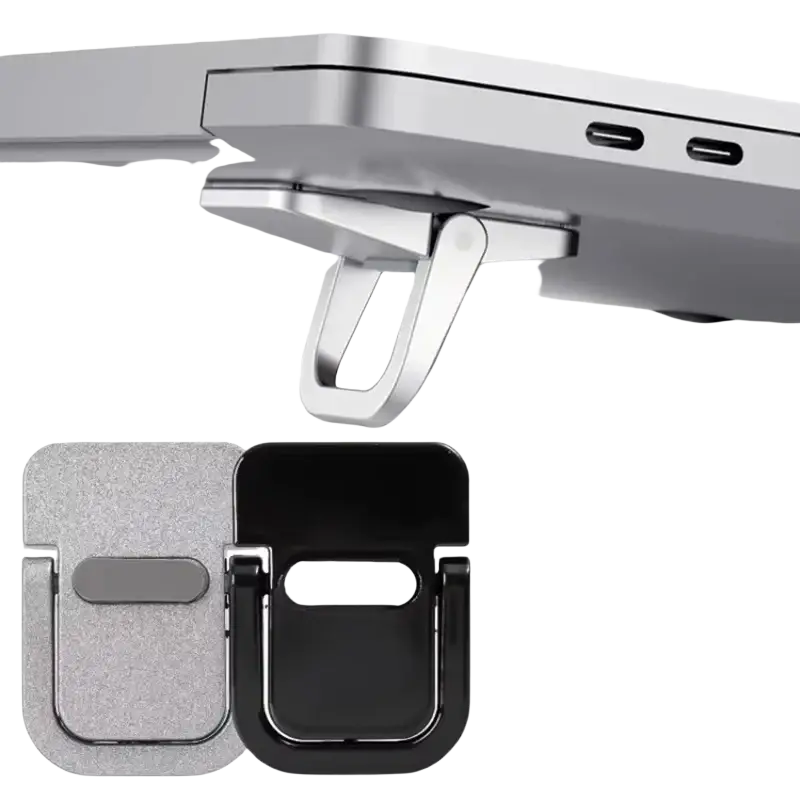 Silver and black aluminum alloy portable laptop stand with sleek minimalist design for ergonomic support mini portable laptop riser