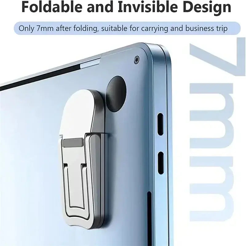 Silver metallic foldable mini portable laptop stand made of aluminum alloy attaching to the back of a smartphone
