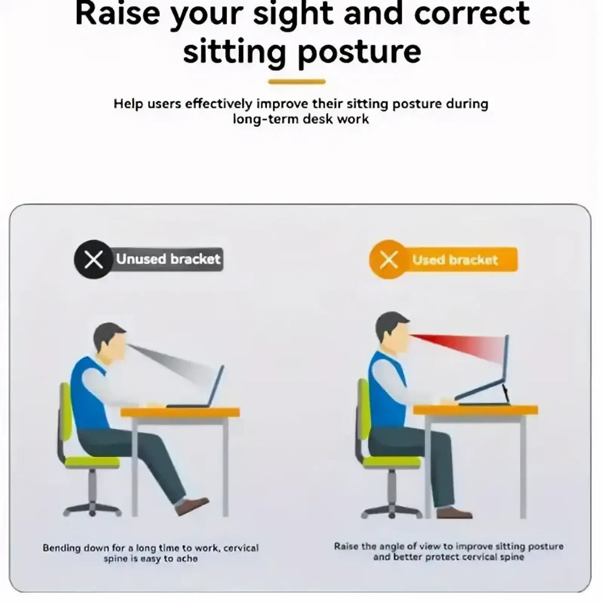 Instructional diagram showing proper use of a portable laptop stand footrest suspension base to improve sitting posture