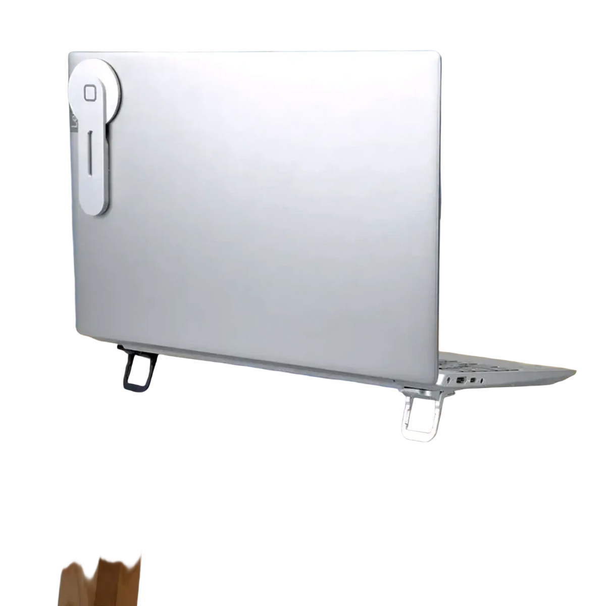 Silver portable laptop stand footrest suspension base with adjustable legs and minimalist metal design for ergonomic use