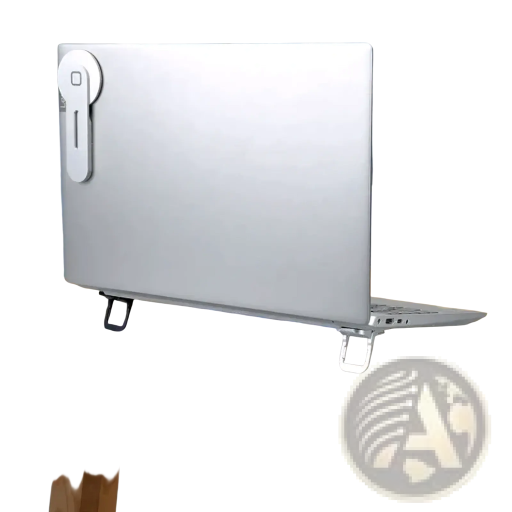 Silver portable laptop stand footrest suspension base with adjustable legs and minimalist metal design for ergonomic use