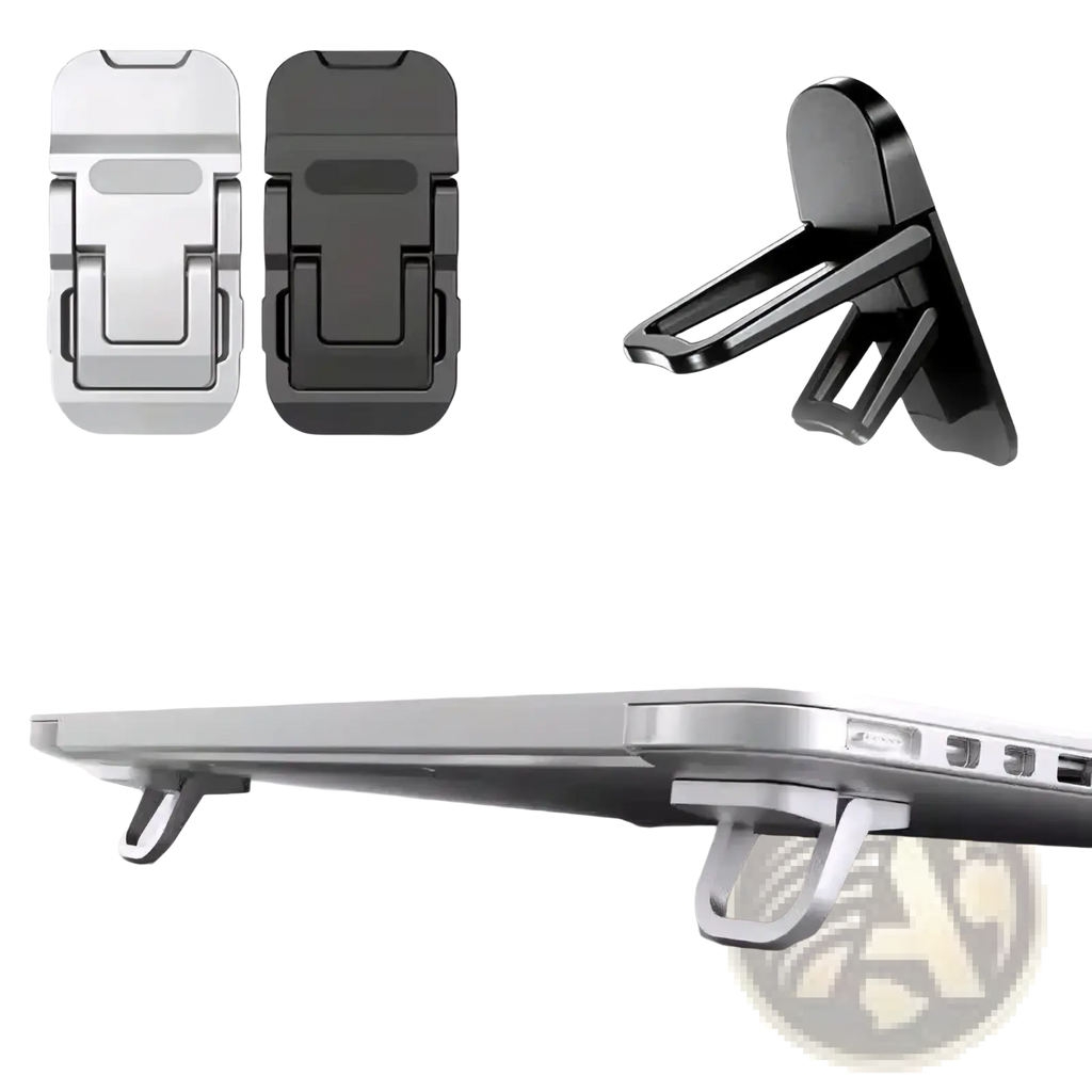 Silver and black magnetic laptop stand with adjustable clip design for portable laptop footrest suspension base
