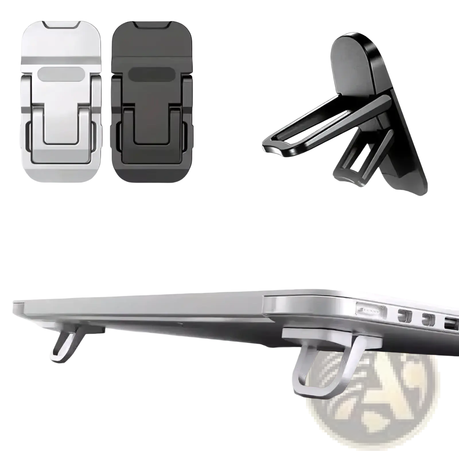 Silver and black magnetic laptop stand with adjustable clip design for portable laptop footrest suspension base