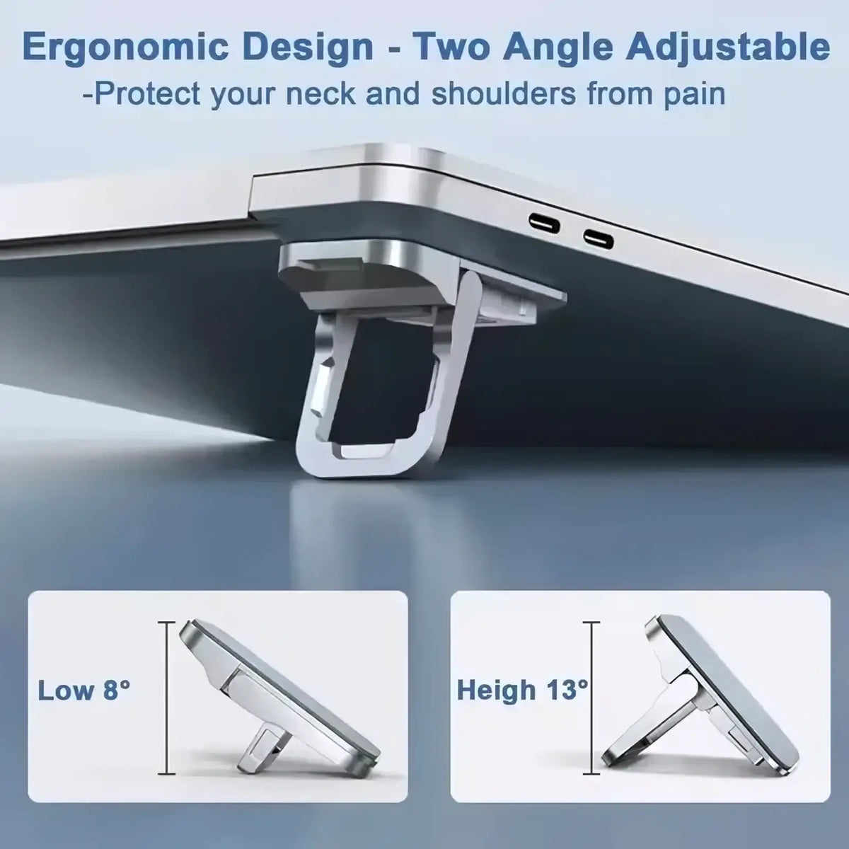 Silver metallic portable laptop stand footrest suspension base with adjustable angle support for ergonomic use
