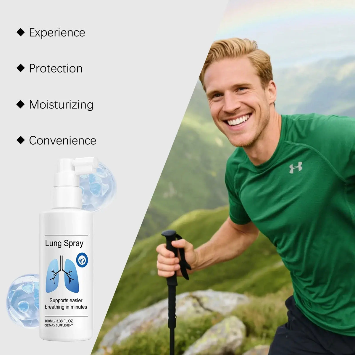 White plastic portable lung spray bottle with pump dispenser and blue lung graphic for moisturizing care
