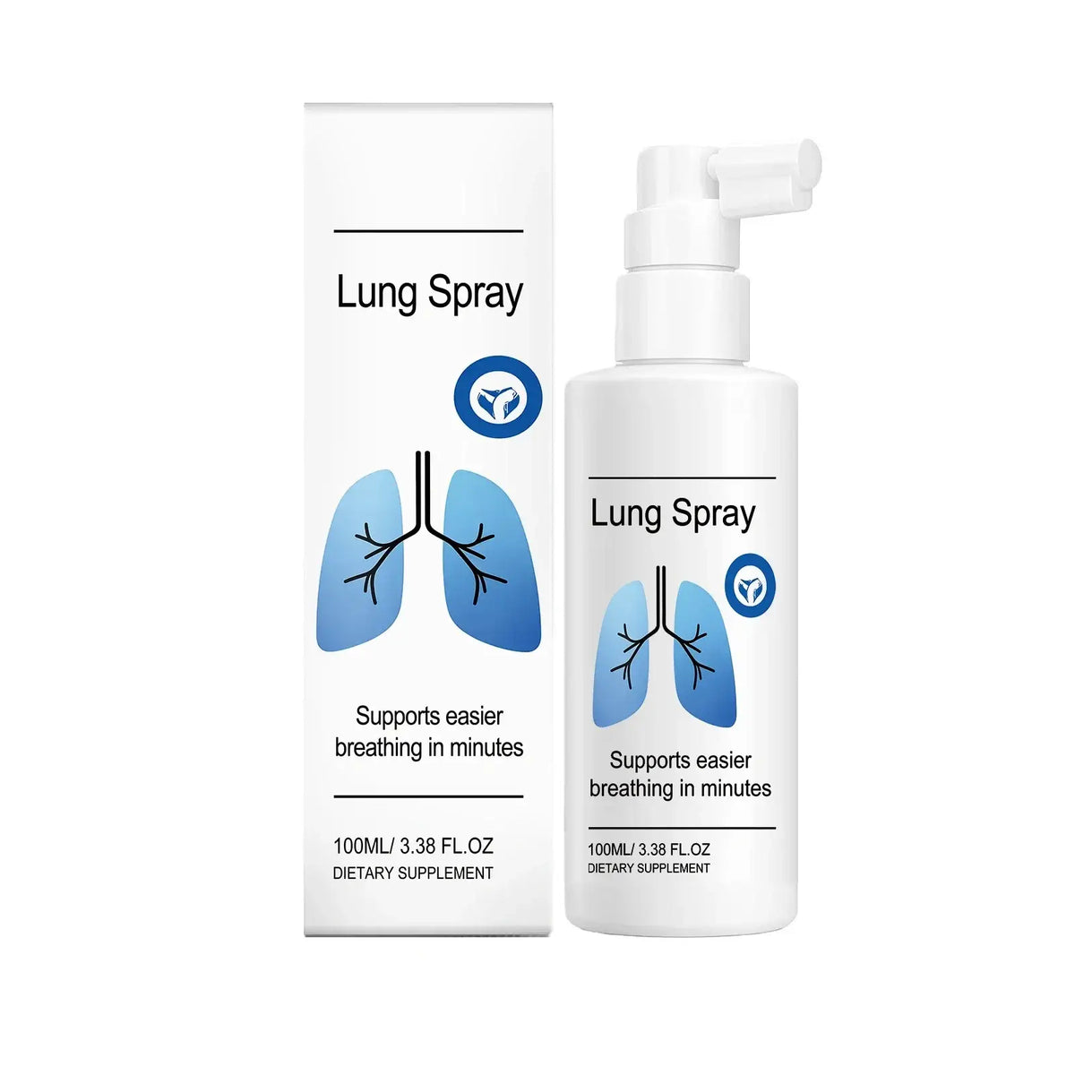 White plastic portable lung spray bottle with blue lungs graphic and pump dispenser beside matching moisturizing care box