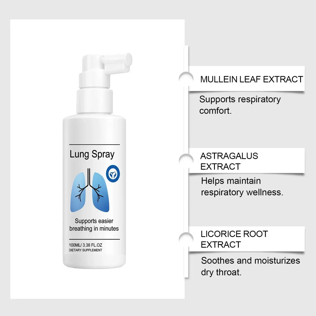 White plastic portable lung spray bottle with white pump dispenser and blue lungs graphic for moisturizing care
