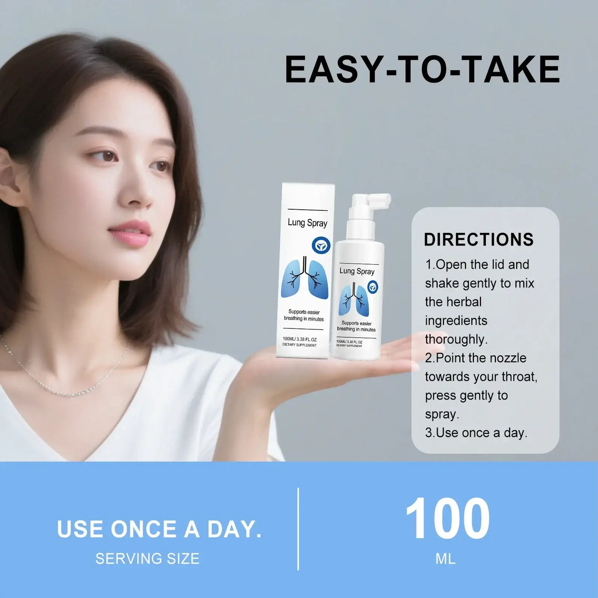 White plastic portable lung spray bottle with pump nozzle and blue label featuring lungs illustration for moisturizing care