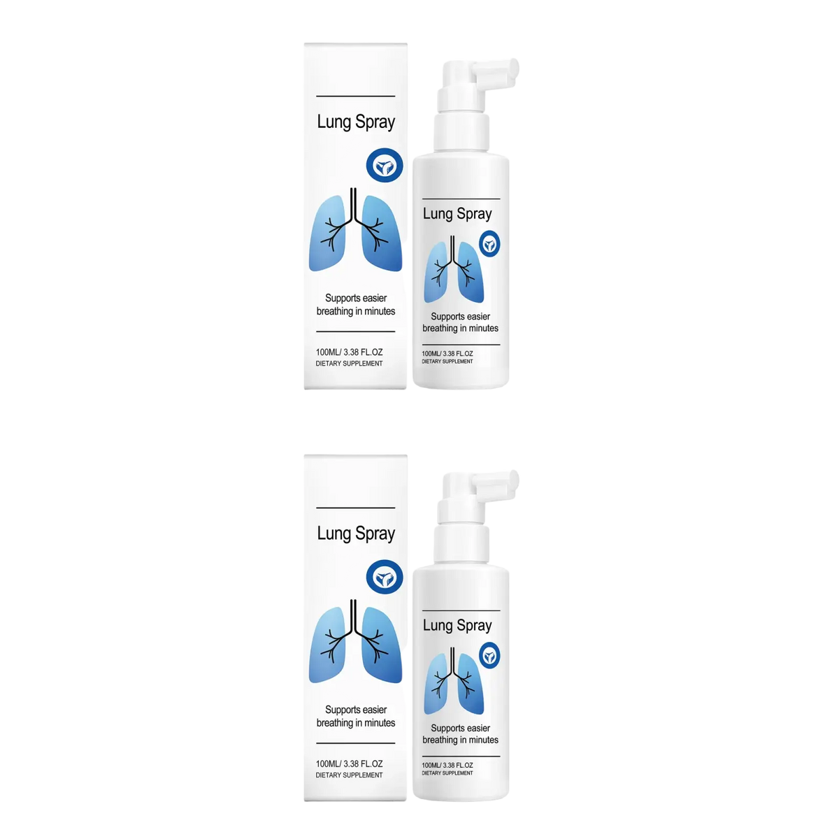 White plastic portable lung spray bottle with white pump dispenser and blue lungs graphic for moisturizing care