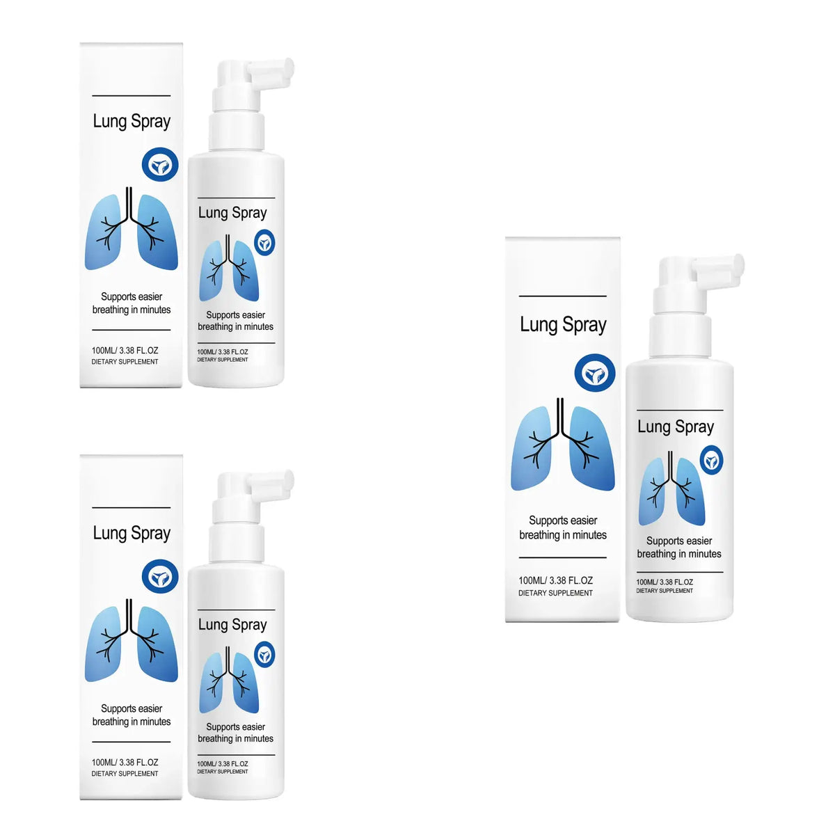 Portable lung spray bottles with moisturizing care feature white plastic, blue lung graphics, white pump nozzles, and matching boxes